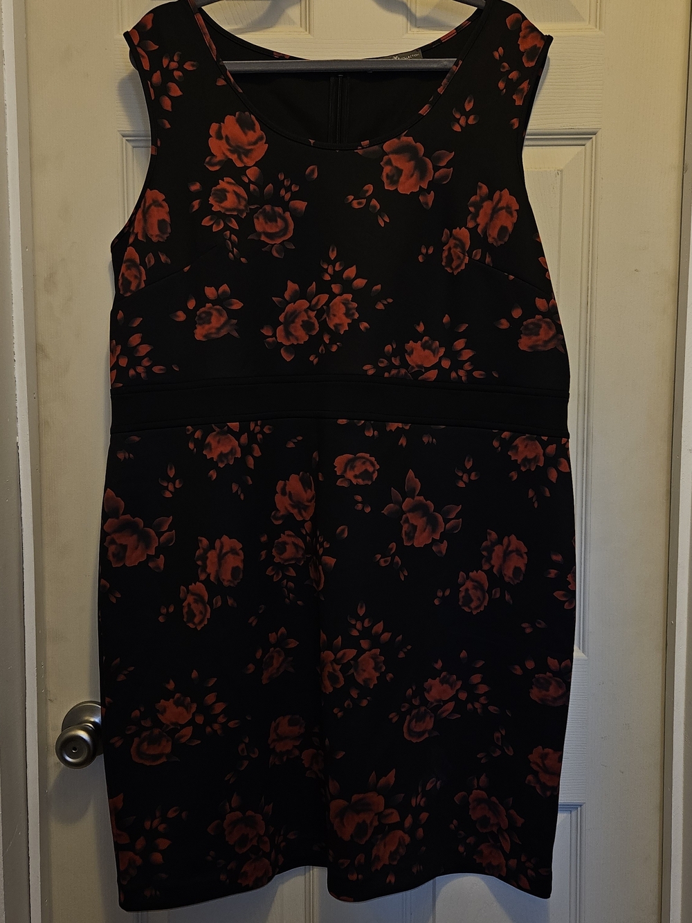 Sleeveless Black Midi Dress with Red Floral Print